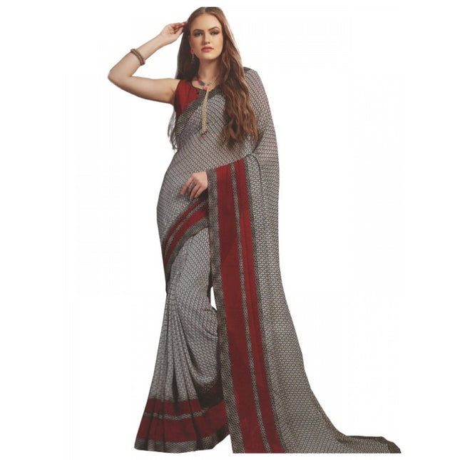 Rosolly Womens Georgette Digital Printed Saree (Grey, Red, 6.25 Mtr)