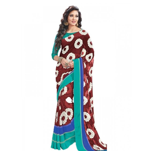 Rosolly Womens Geogrette Saree with Blouse Digital Printed Saree (Brown, 6.25 Mtr)