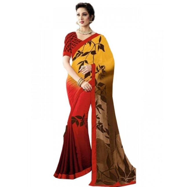 Rosolly Womens Georgette Digital Printed Saree (Red, Yellow, 6.25 Mtr)
