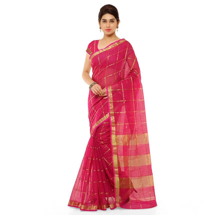 Rosolly Women's Kota Doria Cotton Saree With Blouse (Rani,6-3 Mtrs)
