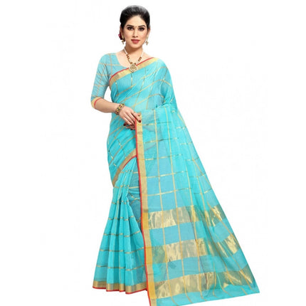 Rosolly Women's Kota Doria Cotton Checked Saree With Blouse (Sky Blue, 5-6 Mtrs)