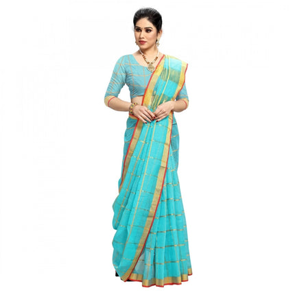 Rosolly Women's Kota Doria Cotton Checked Saree With Blouse (Sky Blue, 5-6 Mtrs)
