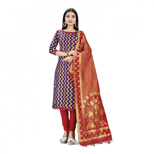 Rosolly Banarasi Silk Unstitched Salwar-Suit Material Premium Quality With Dupatta (Color: Navy Blue)