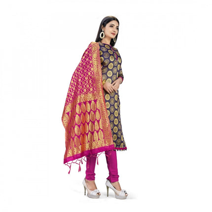 Rosolly Banarasi Silk Unstitched Salwar-Suit Material Premium Quality With Dupatta (Color: Navy Blue)
