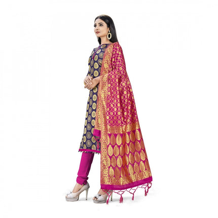 Rosolly Banarasi Silk Unstitched Salwar-Suit Material Premium Quality With Dupatta (Color: Navy Blue)