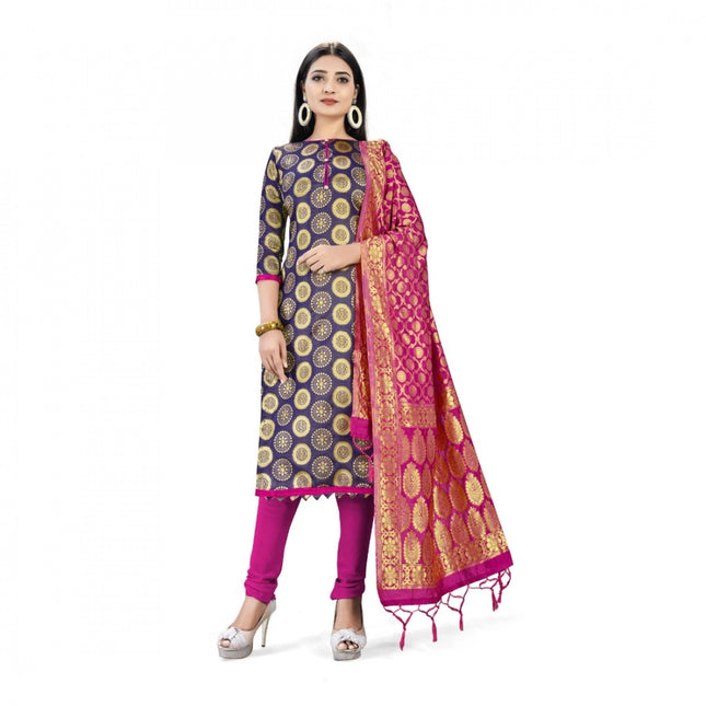 Rosolly Banarasi Silk Unstitched Salwar-Suit Material Premium Quality With Dupatta (Color: Navy Blue)