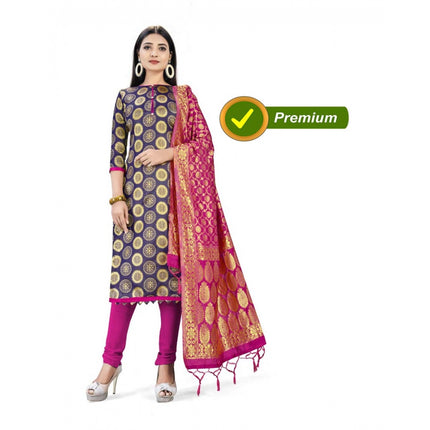 Rosolly Banarasi Silk Unstitched Salwar-Suit Material Premium Quality With Dupatta (Color: Navy Blue)