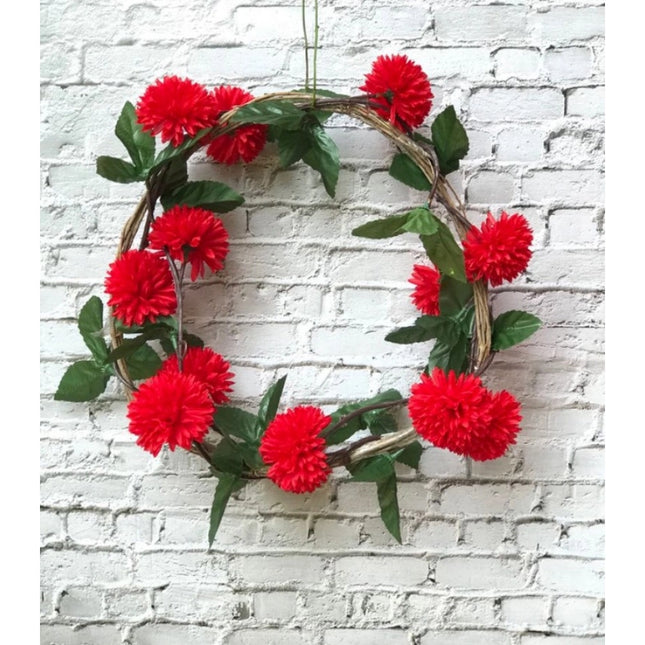 Rosolly Artificial Red Chrysanthemum Dahlia Flower Vine Creeper With Big Green Leaves For Home Decoraton (Color: Red, Material: Silk Polyester)
