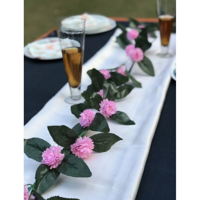 Rosolly Artificial Light Pink Marigold Genda Flower Vine Creepe With Big Green Leaves For Home Decoration (Color: LightPink, Material: Silk Polyester)