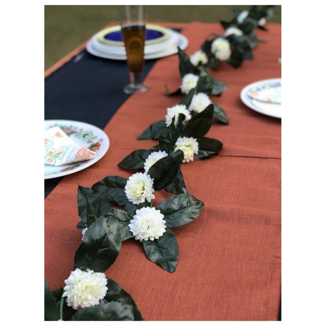 Rosolly Artificial White Marigold Genda Flower Vine Creeper With Big Green Leaves For Home Decoration (Color: White, Material: Silk Polyester)