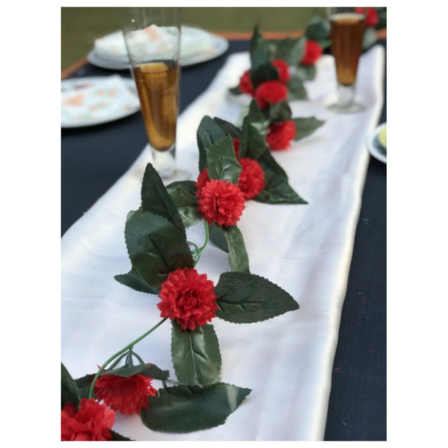 Rosolly Artificial Red Marigold Genda Flower Vine Creeper With Big Green Leaves For Home Decoration (Color: Red, Material: Silk Polyester)