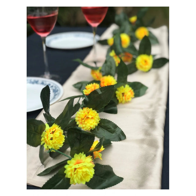 Rosolly Artificial Yellow Marigold Genda Flower Vine Creeper With Big Green Leaves For Home Decoration (Color: Yellow, Material: Silk Polyester)