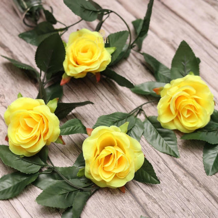Rosolly Artificial Rose Vine Flowers With Green Leaves For Home Party Garden Wall Decoration (Yellow, Material:Silk, Polyester)