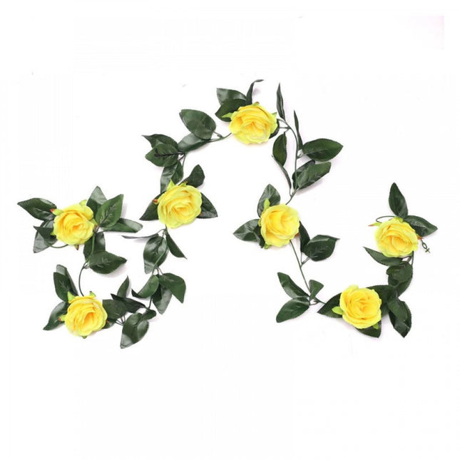 Rosolly Artificial Rose Vine Flowers With Green Leaves For Home Party Garden Wall Decoration (Yellow, Material:Silk, Polyester)