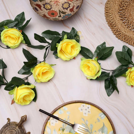 Rosolly Artificial Rose Vine Flowers With Green Leaves For Home Party Garden Wall Decoration (Yellow, Material:Silk, Polyester)