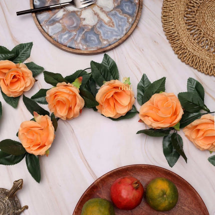 Rosolly Artificial Rose Vine Flowers With Green Leaves For Home Party Garden Wall Decoration (Peach, Material:Silk, Polyester)