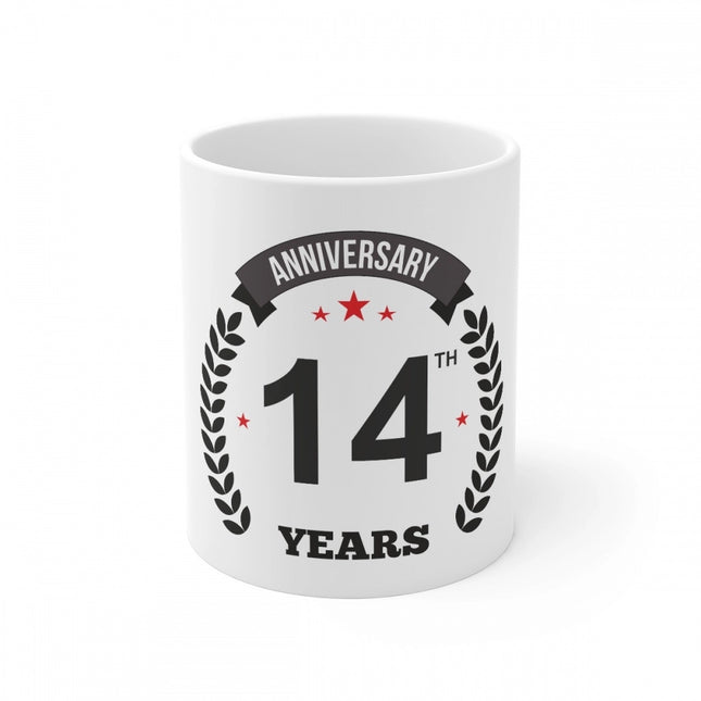 Rosolly Ceramic 14th Anniversary Printed Coffee Mug (Color: White, Capacity:330ml)
