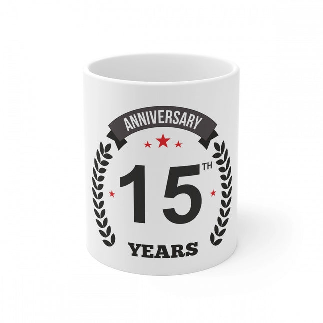 Rosolly Ceramic 15th Anniversary Printed Coffee Mug (Color: White, Capacity:330ml)