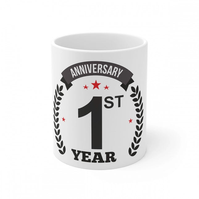 Rosolly Ceramic 1st Anniversary Printed Coffee Mug (Color: White, Capacity:330ml)
