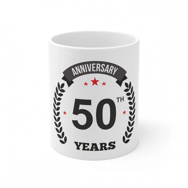 Rosolly Ceramic 50th Anniversary Printed Coffee Mug (Color: White, Capacity:330ml)