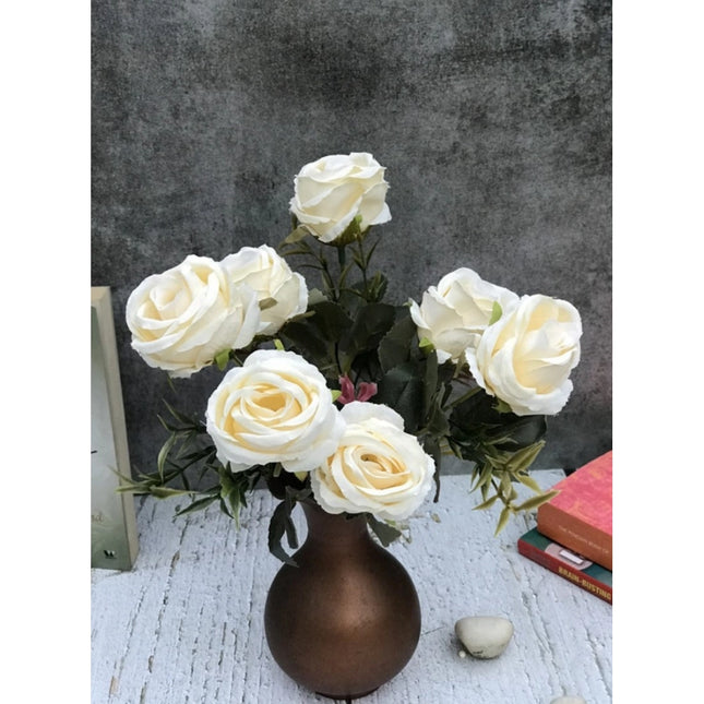 Rosolly Artificial Flowers Bunch Bouquet Of 5 Vintage Garden Roses For Home Decoration (White, Material:Silk, Polyester)
