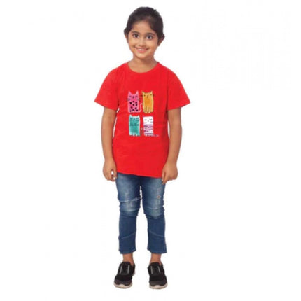Rosolly Girls Cotton Cat Half Sleeve TShirt (Red)