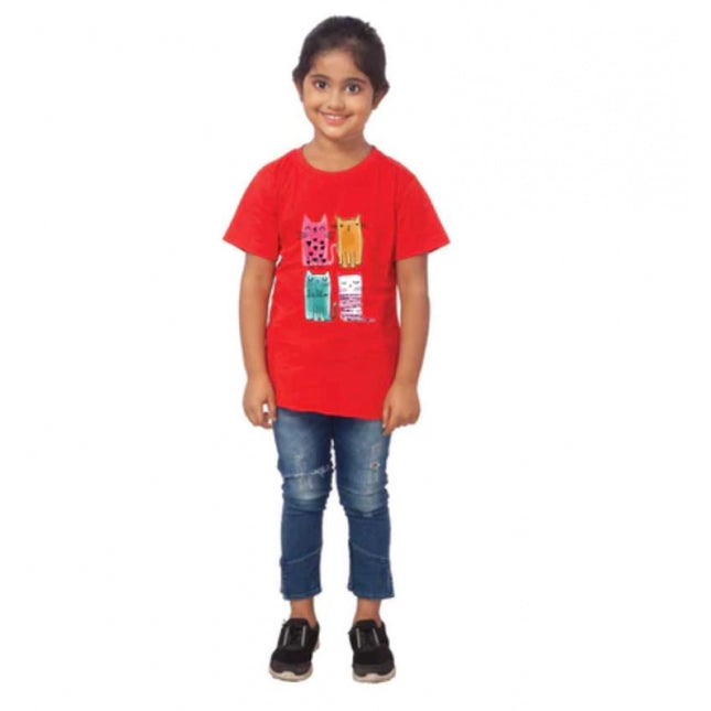 Rosolly Girls Cotton Cat Half Sleeve TShirt (Red)