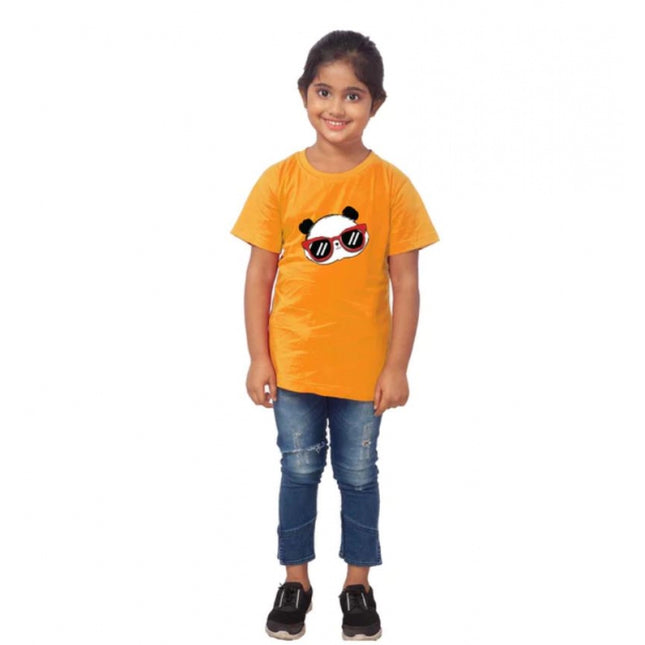Rosolly Girls Cotton Panda Glass Half Sleeve TShirt (Mustard)