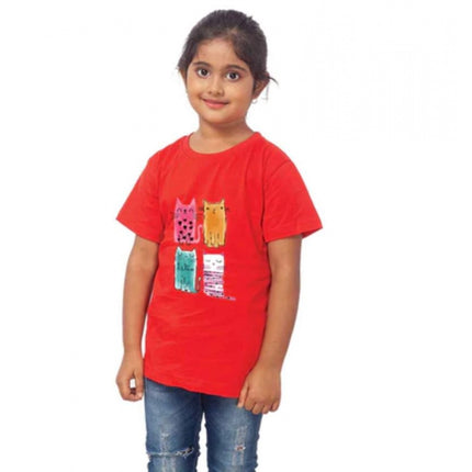 Rosolly Girls Cotton Cat Half Sleeve TShirt (Red)