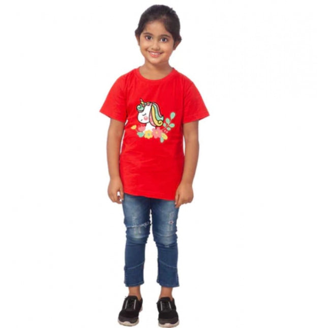 Rosolly Girls Cotton Unicorn Face Half Sleeve TShirt (Red)