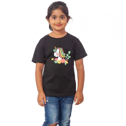 Rosolly Girls Cotton Unicorn Face Half Sleeve TShirt (Black)