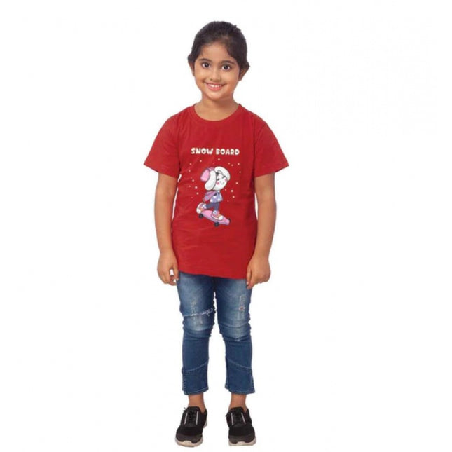Rosolly Girls Cotton Snow Board Half Sleeve TShirt (Maroon)