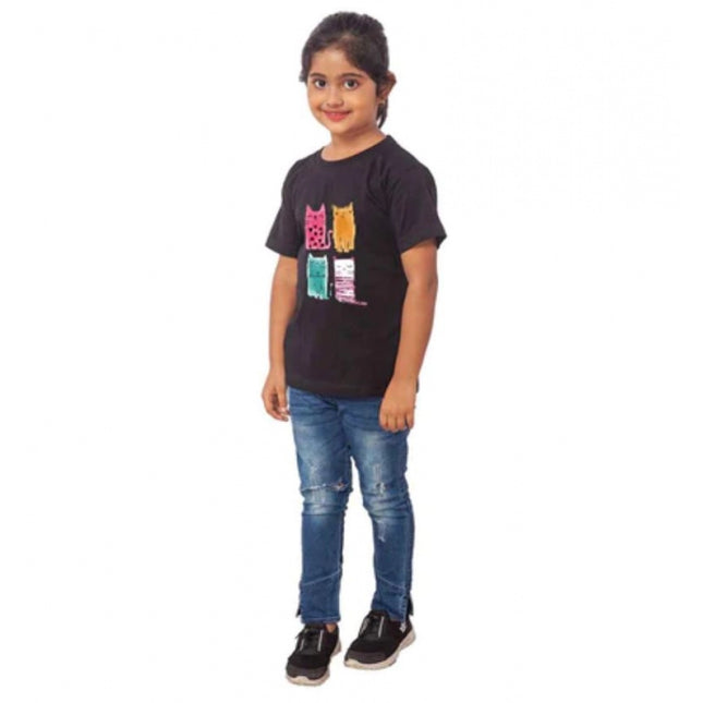 Rosolly Girls Cotton Cat Half Sleeve TShirt (Black)