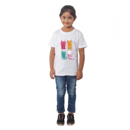 Rosolly Girls Cotton Cat Half Sleeve TShirt (White)
