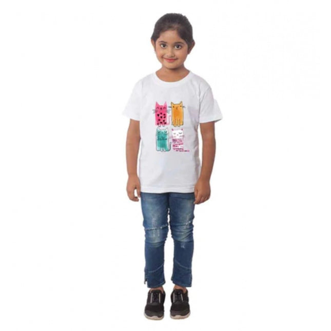 Rosolly Girls Cotton Cat Half Sleeve TShirt (White)