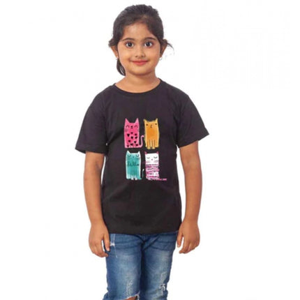 Rosolly Girls Cotton Cat Half Sleeve TShirt (Black)
