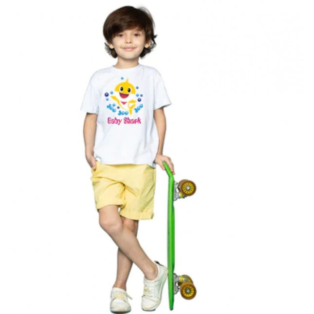 Rosolly Boys Cotton Baby Shark Half Sleeve TShirt (White)