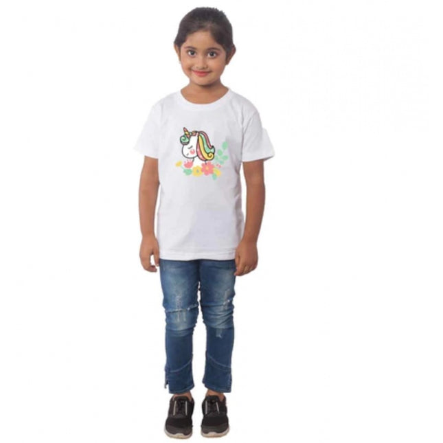 Rosolly Girls Cotton Unicorn Face Half Sleeve TShirt (White)