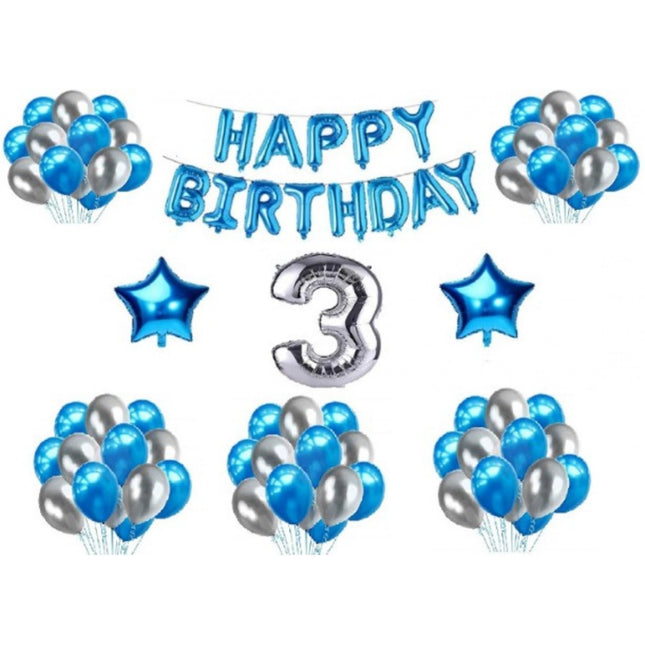 Rosolly 3Rd Happy Birthday Decoration Combo With Foil And Star Balloons (Blue, Silver)
