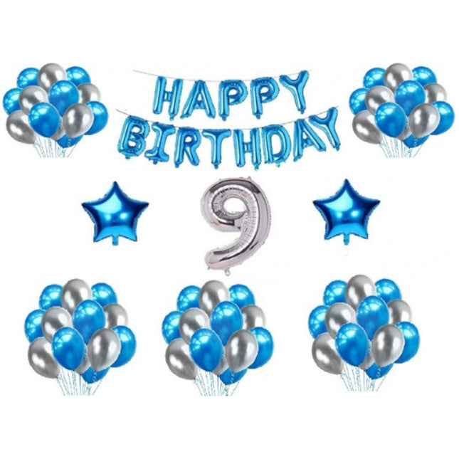 Rosolly 9Th Happy Birthday Decoration Combo With Foil And Star Balloons (Blue, Silver)