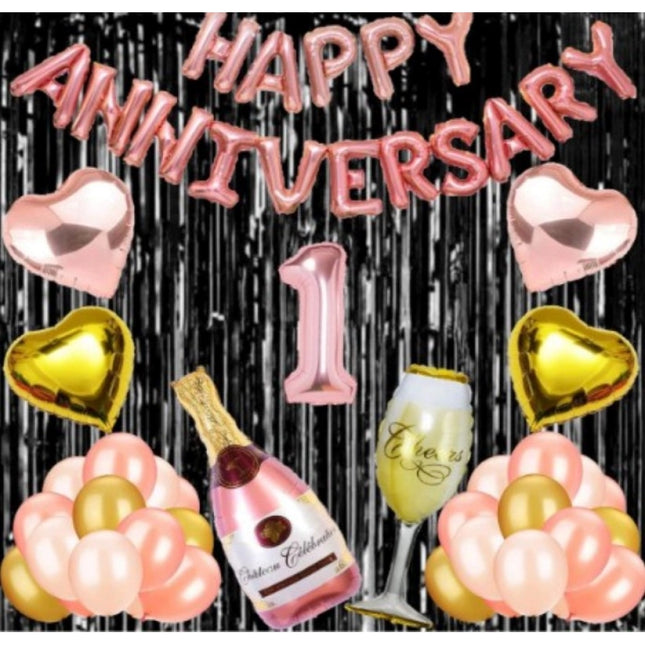 Rosolly 1St Anniversary Rose Gold Foil Balloons With Happy Decoration Items Set (Multicolor)