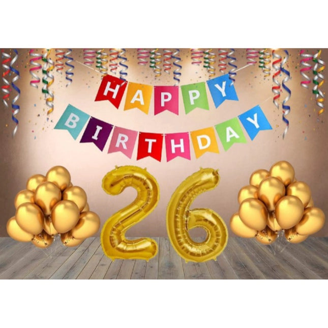 Rosolly 26Th Happy Birthday Decoration Combo With Multi Color Banner (Golden)