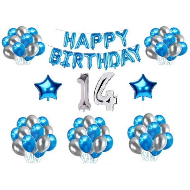 Rosolly 14Th Happy Birthday Decoration Combo With Foil And Star Balloons (Blue, Silver)