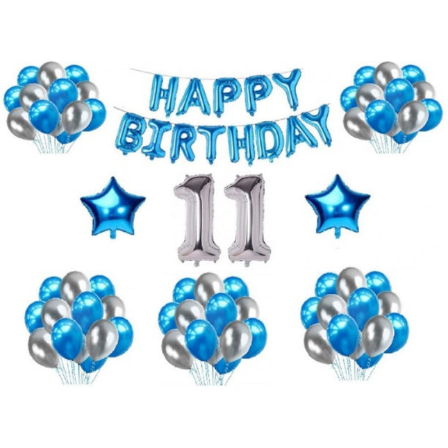 Rosolly 11Th Happy Birthday Decoration Combo With Foil And Star Balloons (Blue, Silver)