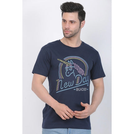 Rosolly Men's Cotton Jersey Round Neck Printed Tshirt (Navy)