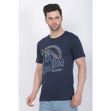 Rosolly Men's Cotton Jersey Round Neck Printed Tshirt (Navy)