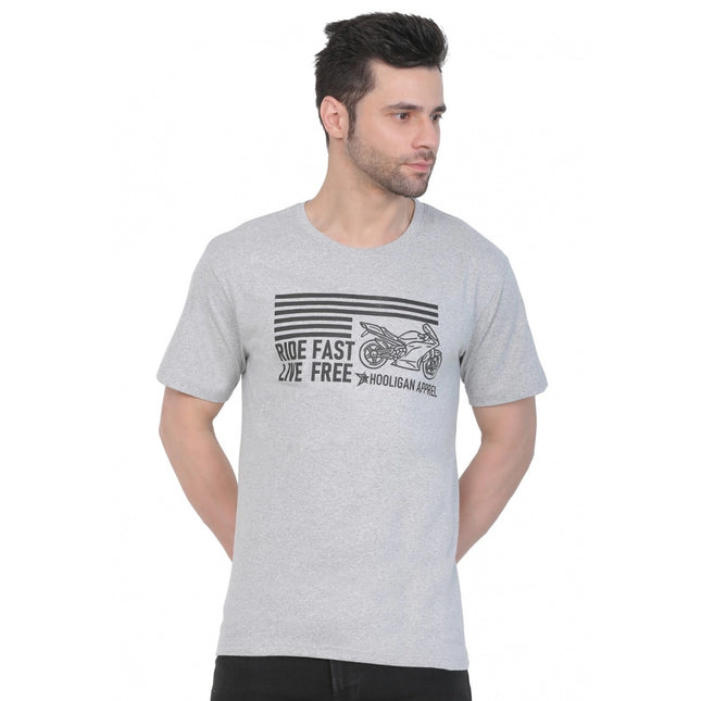 Rosolly Men's Cotton Jersey Round Neck Printed Tshirt (Grey Melange)