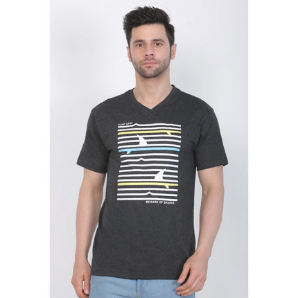 Rosolly Men's Cotton Jersey V Neck Printed Tshirt (Charcoal Melange)