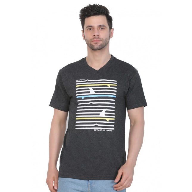 Rosolly Men's Cotton Jersey V Neck Printed Tshirt (Charcoal Melange)