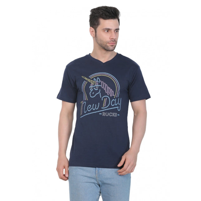 Rosolly Men's Cotton Jersey V Neck Printed Tshirt (Navy)
